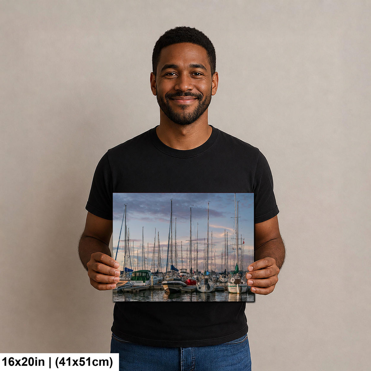 Marina Photo Print, Crowded Sunset Sailboat Harbor, Glossy Paper.