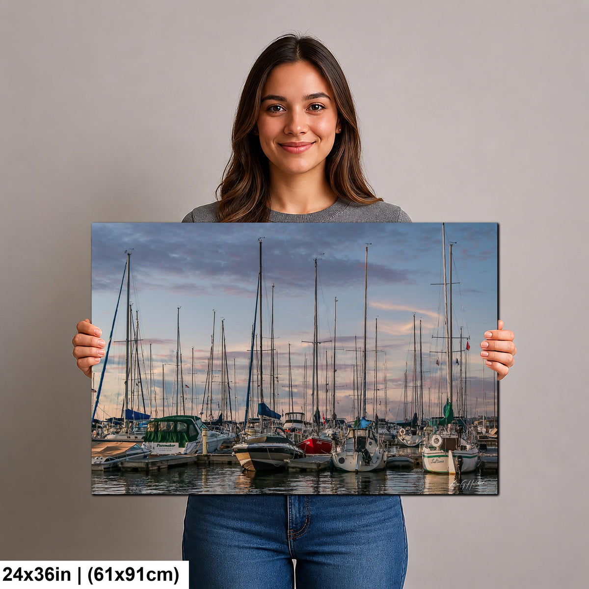 Marina Photo Print, Crowded Sunset Sailboat Harbor, Glossy Paper.