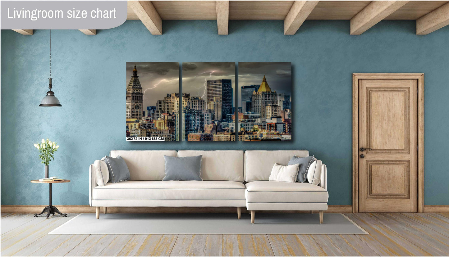 Manhattan Lightning Print – New York Skyline Art | Stormy Weather Photo Canvas