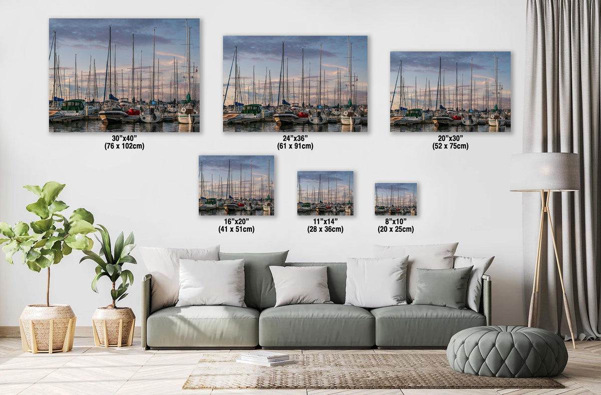 Marina Photo Print, Crowded Sunset Sailboat Harbor, Glossy Paper.