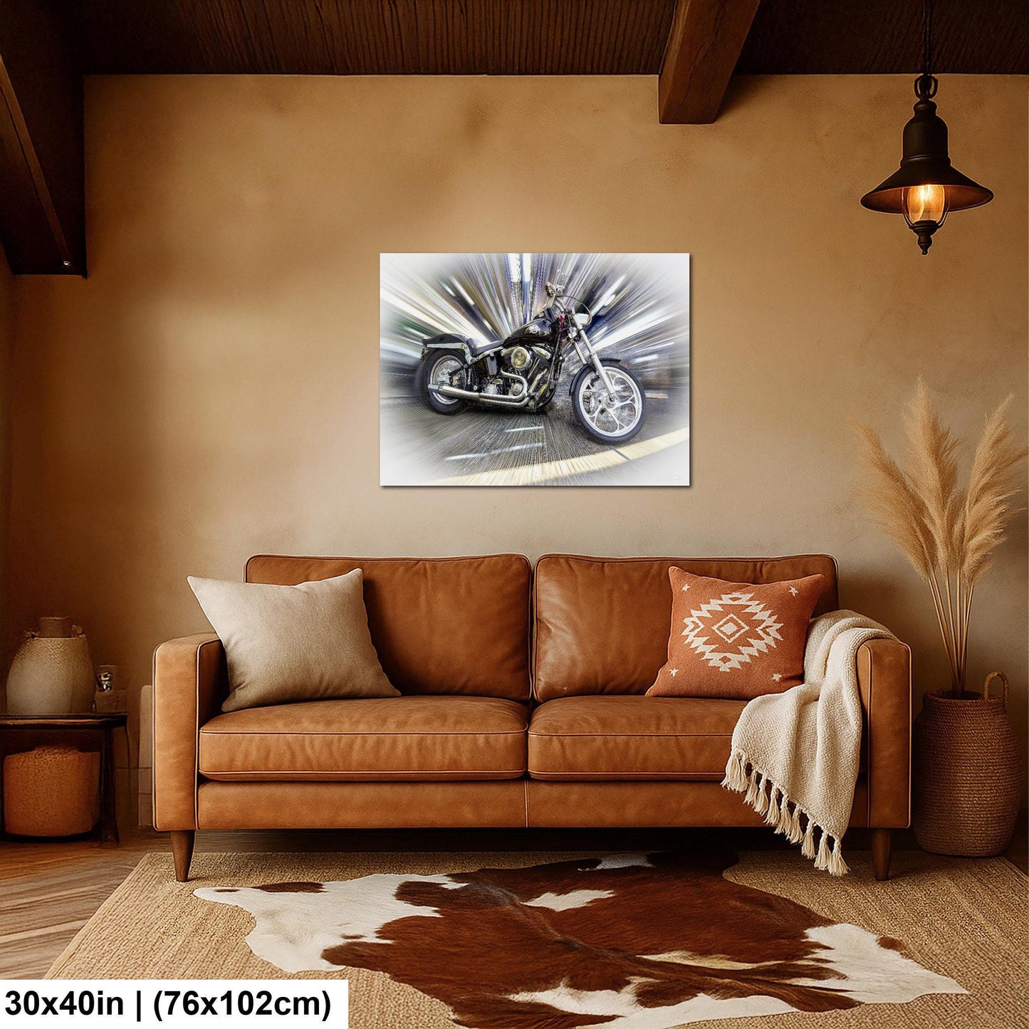 a large, high-quality photograph of a motorcycle on a wall in a living room setting.