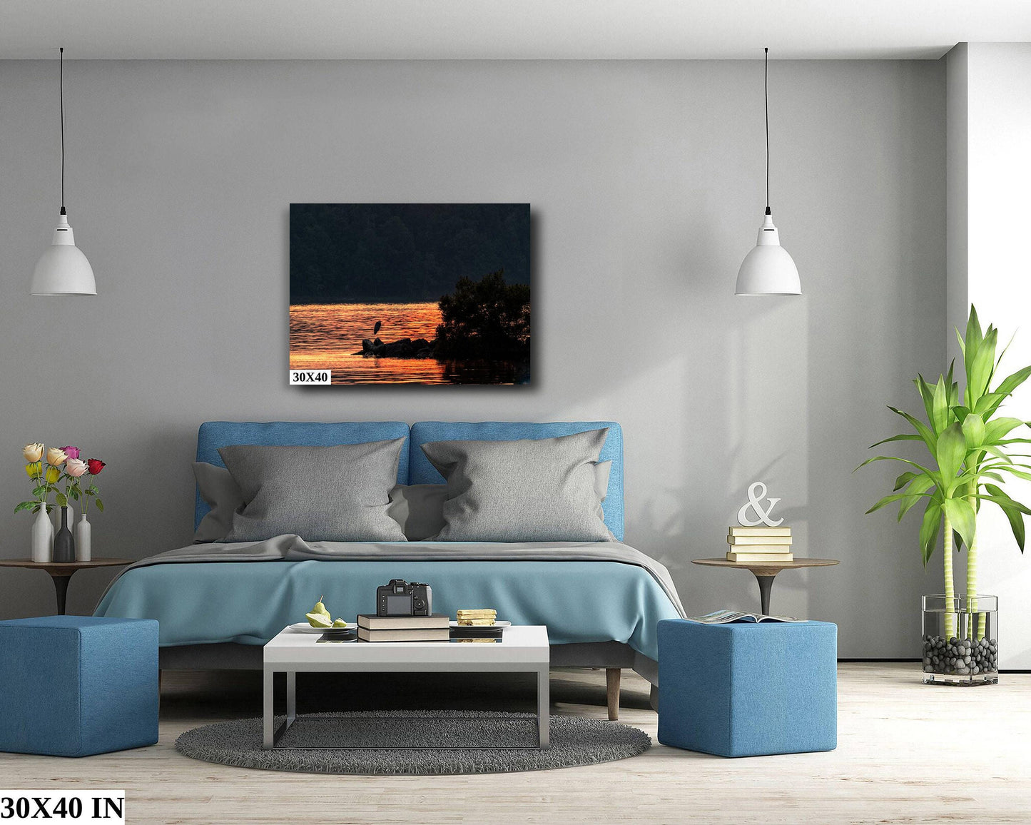 Blue Heron Canvas Print - Vibrant Wildlife Wall Art | Hudson River Art Sunset