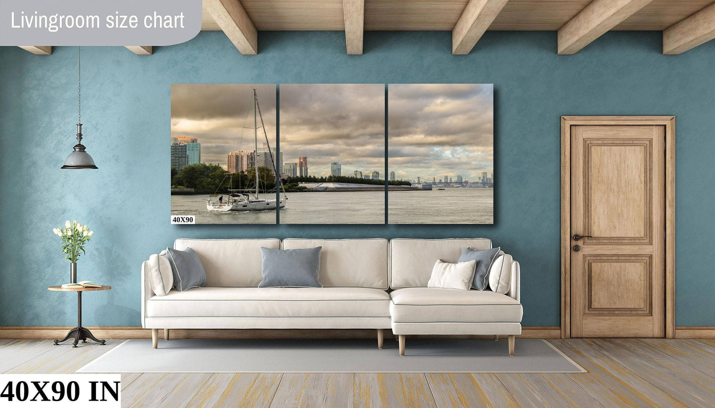East River Sailboat Print – NYC Skyline Art With Williamsburg Bridge Decor