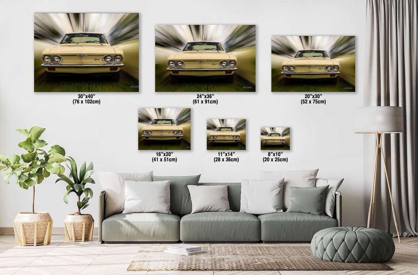 The image is a living room with a gray sofa and a potted plant. Above the sofa, there are five framed images of a yellow car, each with a different size and resolution, ranging from 30x30 to 20x30 inches.