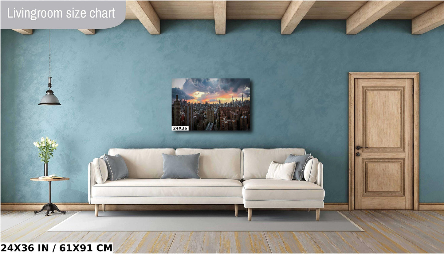 NYC Skyline Print – Manhattan Sunset Art | Panoramic Wall Decor Metal Poster