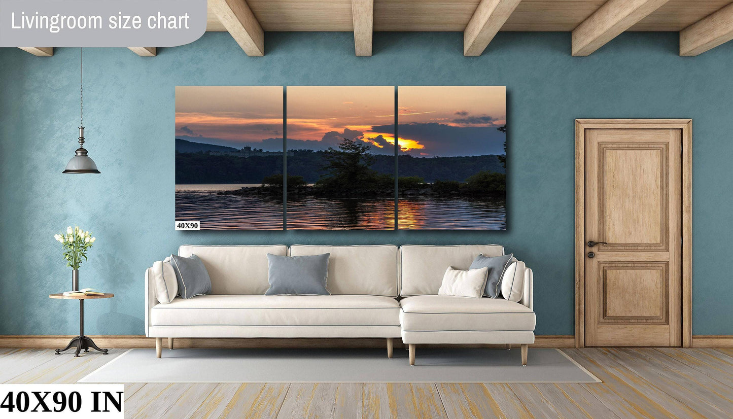 Hudson River Sunset Print – Vibrant River View, Stormy Sky Photography Canvas