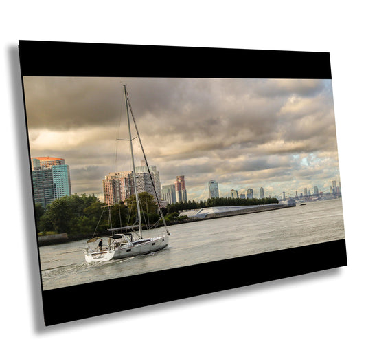 East River Sailboat Print – NYC Skyline Art With Williamsburg Bridge Decor