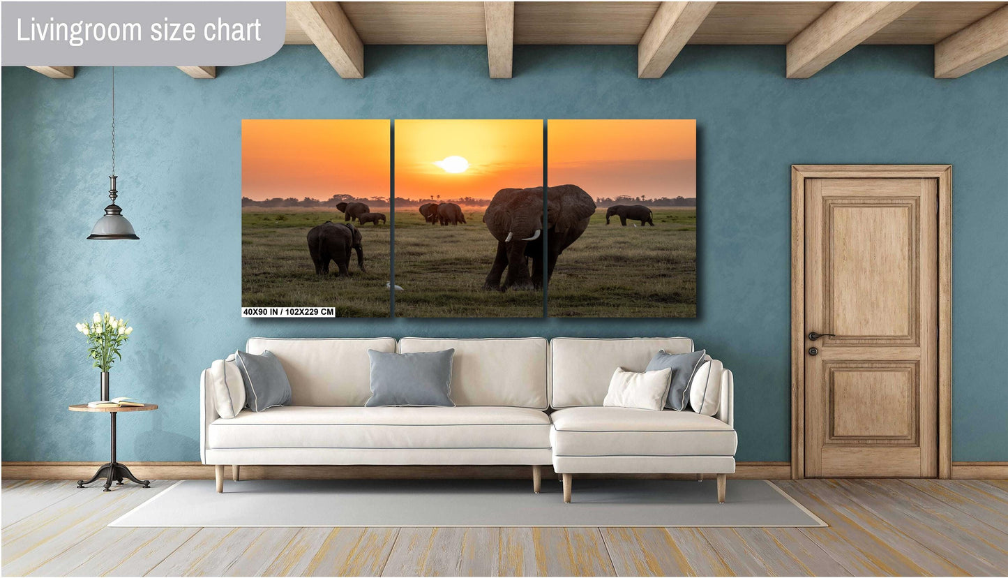African Sunset Elephant Print – Kenya Safari Wall Art Canvas with Wildlife Silhouette
