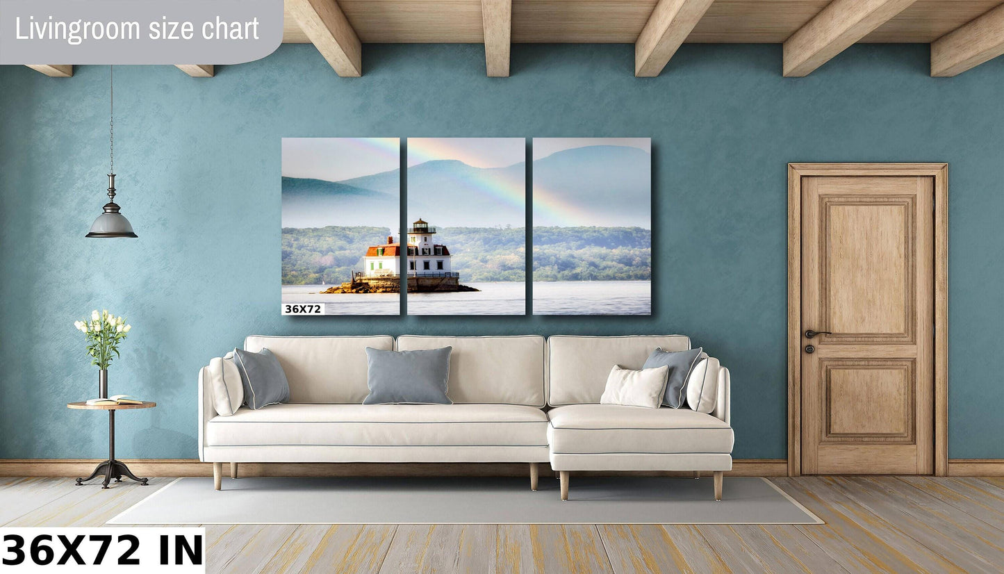 Esopus Lighthouse Canvas Print – Ready to Hang Nautical Wall Decor with Rainbow Light Scene