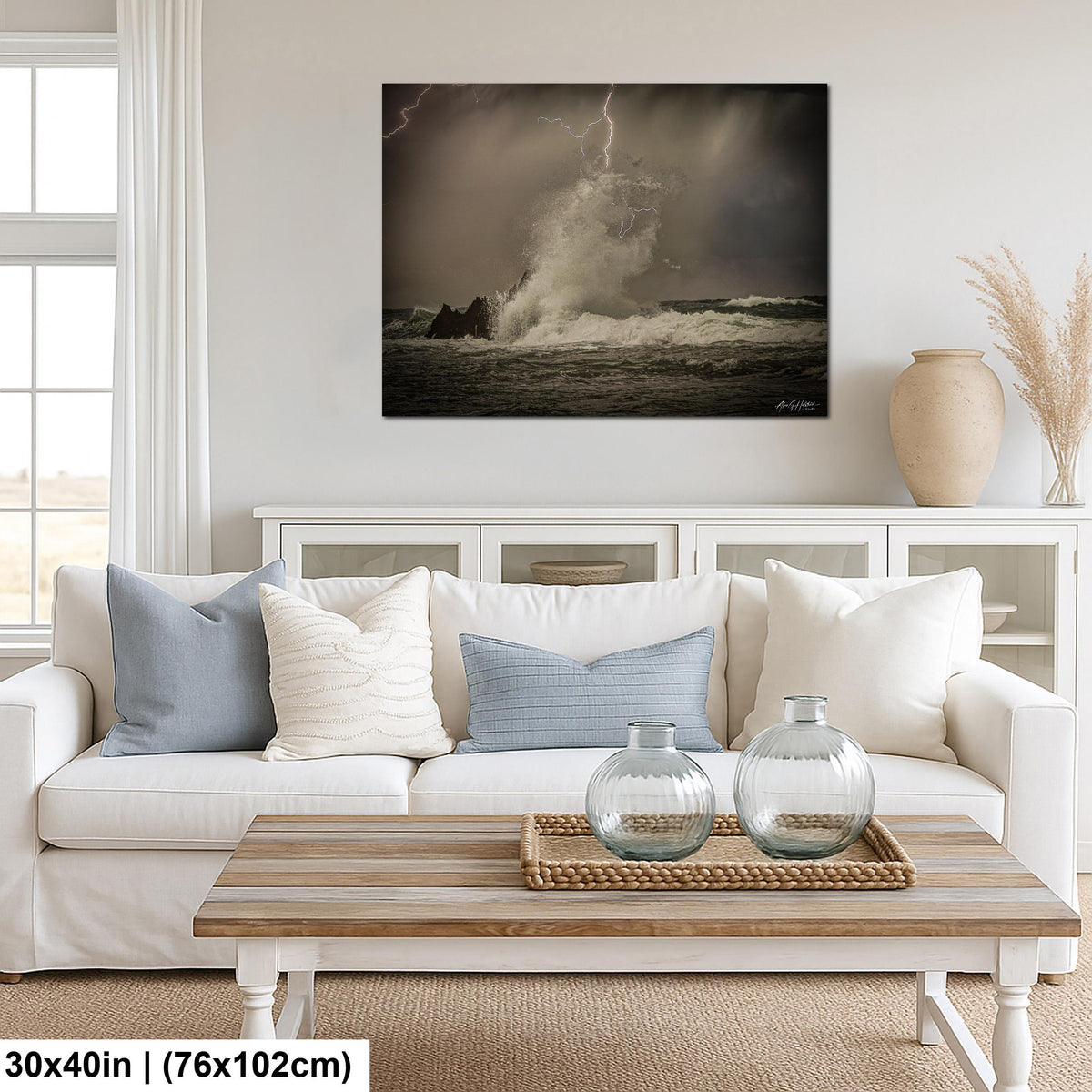 Stormy Ocean Wall Art, Roatan Lightning Over Ocean Dramatic Print