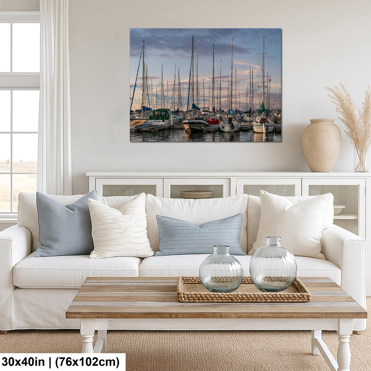 Marina Photo Print, Crowded Sunset Sailboat Harbor, Glossy Paper.