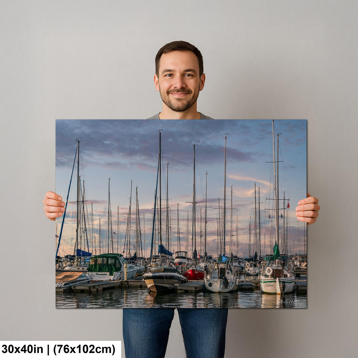 Marina Photo Print, Crowded Sunset Sailboat Harbor, Glossy Paper.