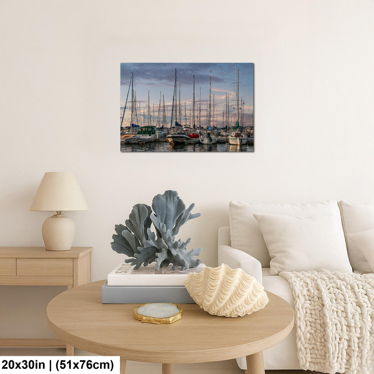 Marina Photo Print, Crowded Sunset Sailboat Harbor, Glossy Paper.