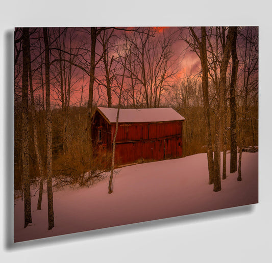 Sunset over an old barn in woods Dutchess county NY  cannvas print metal print country wall art