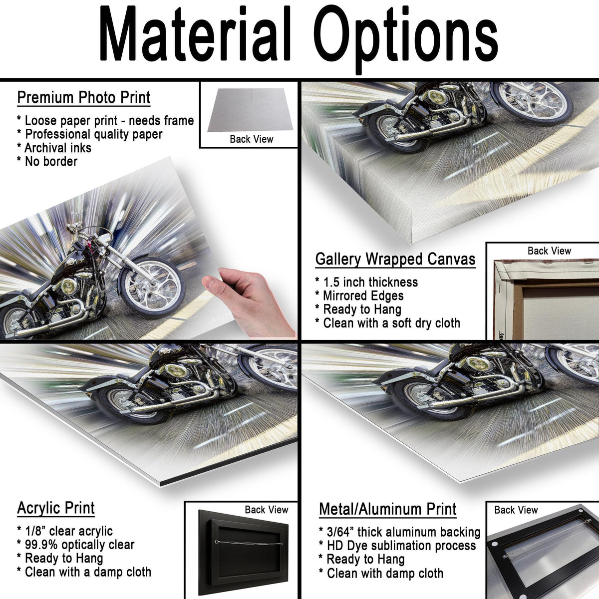 The image is a collage of four photographs depicting different types of print options for a motorcycle. The photographs show a motorcycle printed on a canvas, a gallery-wrapped canvas, an acrylic print, and a metal/aluminum print. Each print option has its own unique features, such as the thickness of the paper, the backing material, and the final finish.