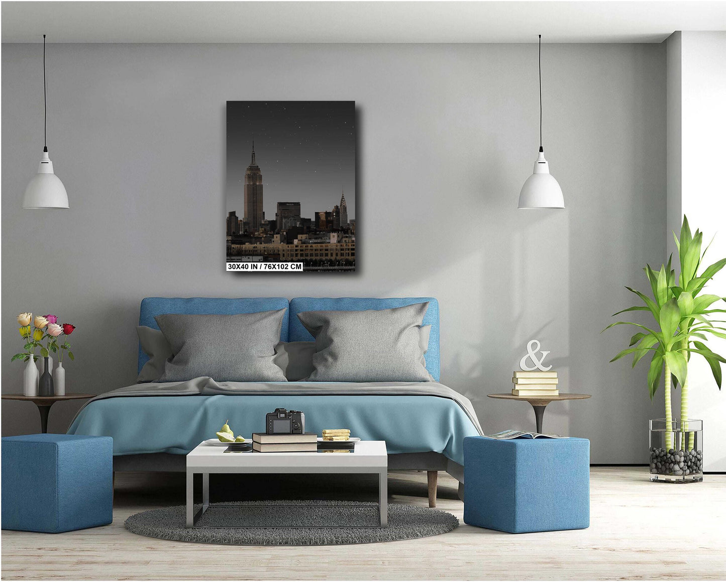 Night view of New York's most famous skyscrapers never to be seen again metal print canvas print color photography night  river