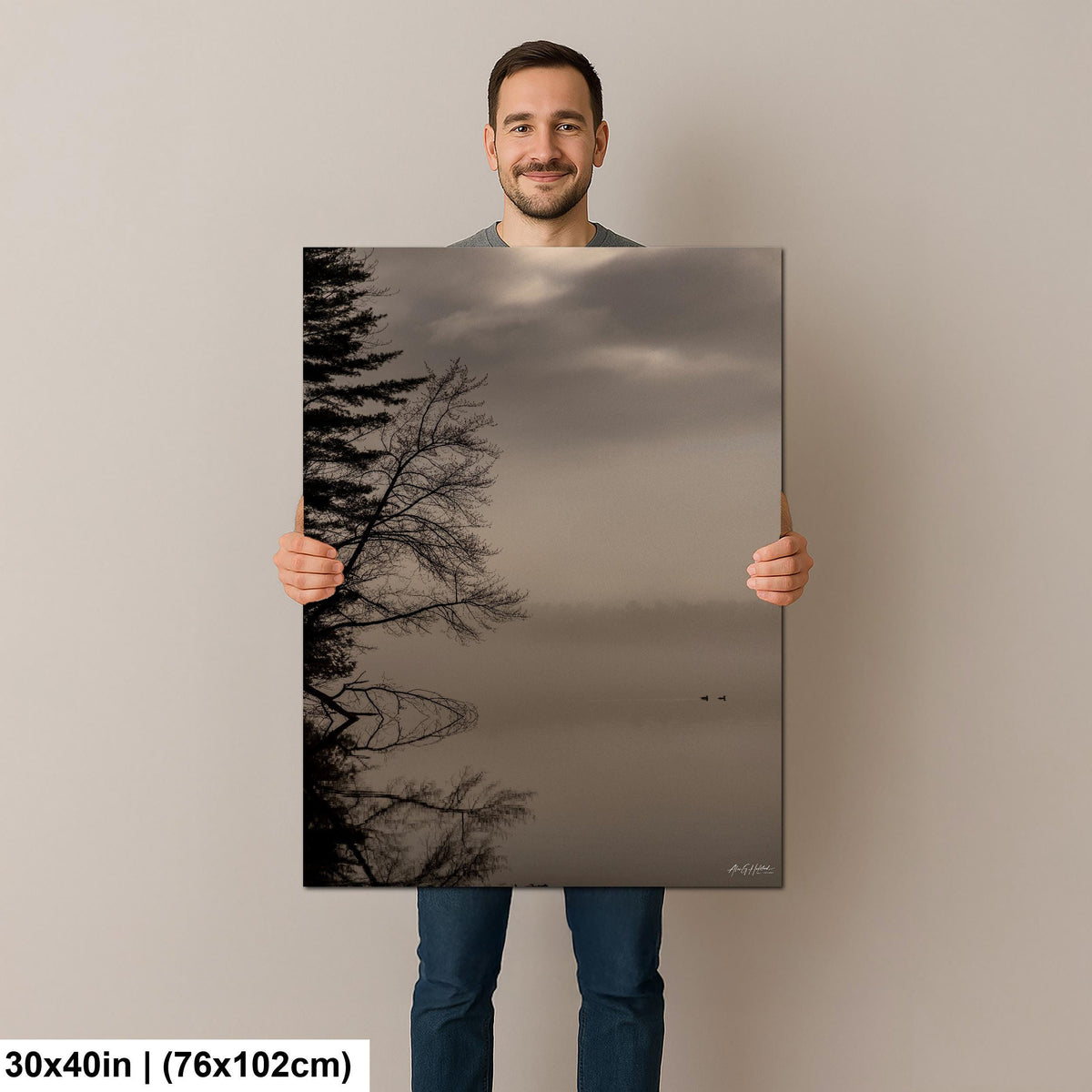 Wood Duck Wall Art, Loon Lake Misty Dawn Photo Print Glossy Paper