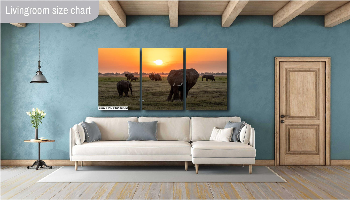 African Sunset Elephant Print – Kenya Safari Wall Art Canvas with Wildlife Silhouette