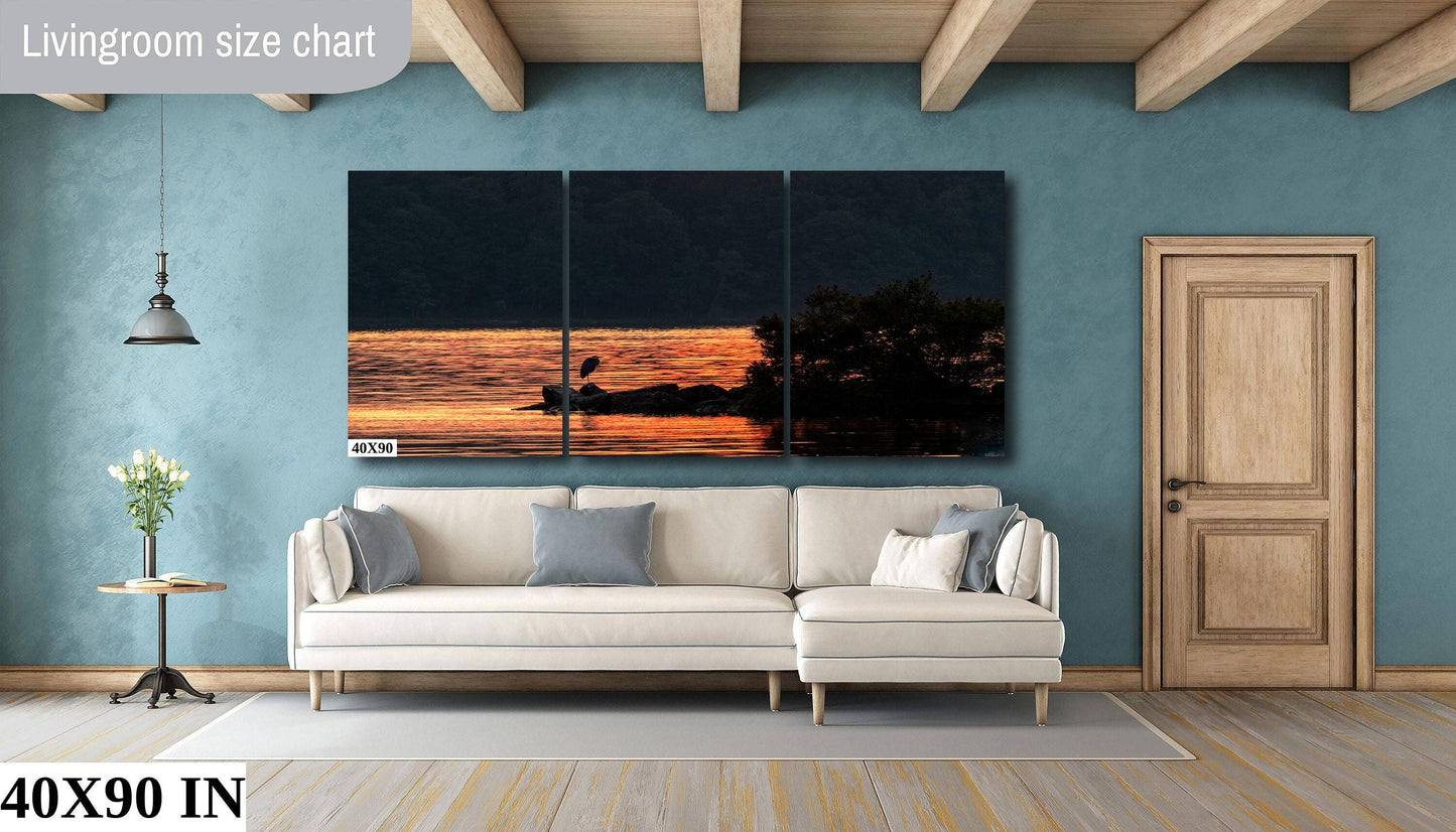 Blue Heron Canvas Print - Vibrant Wildlife Wall Art | Hudson River Art Sunset