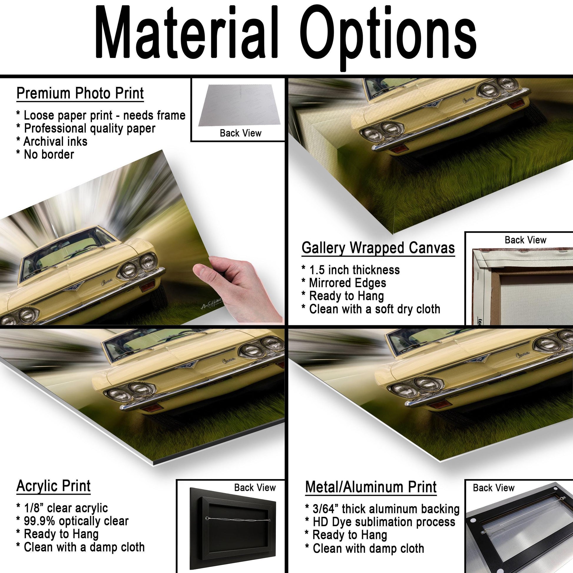 The image is a collage of four different photographs, each showcasing a different type of print material. The photographs depict a car, a gallery-wrapped canvas, an acrylic print, and a metal/aluminum print. The collage provides a visual comparison of the various print options, highlighting their unique features and characteristics.
