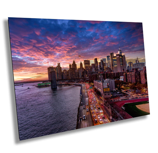 NYC Skyline Metal Print – Manhattan Bridge Art | Sunset Skyline Canvas Wall Decor