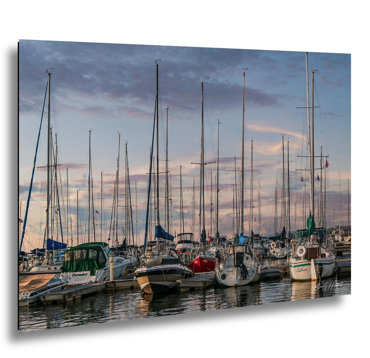 Marina Photo Print, Crowded Sunset Sailboat Harbor, Glossy Paper.