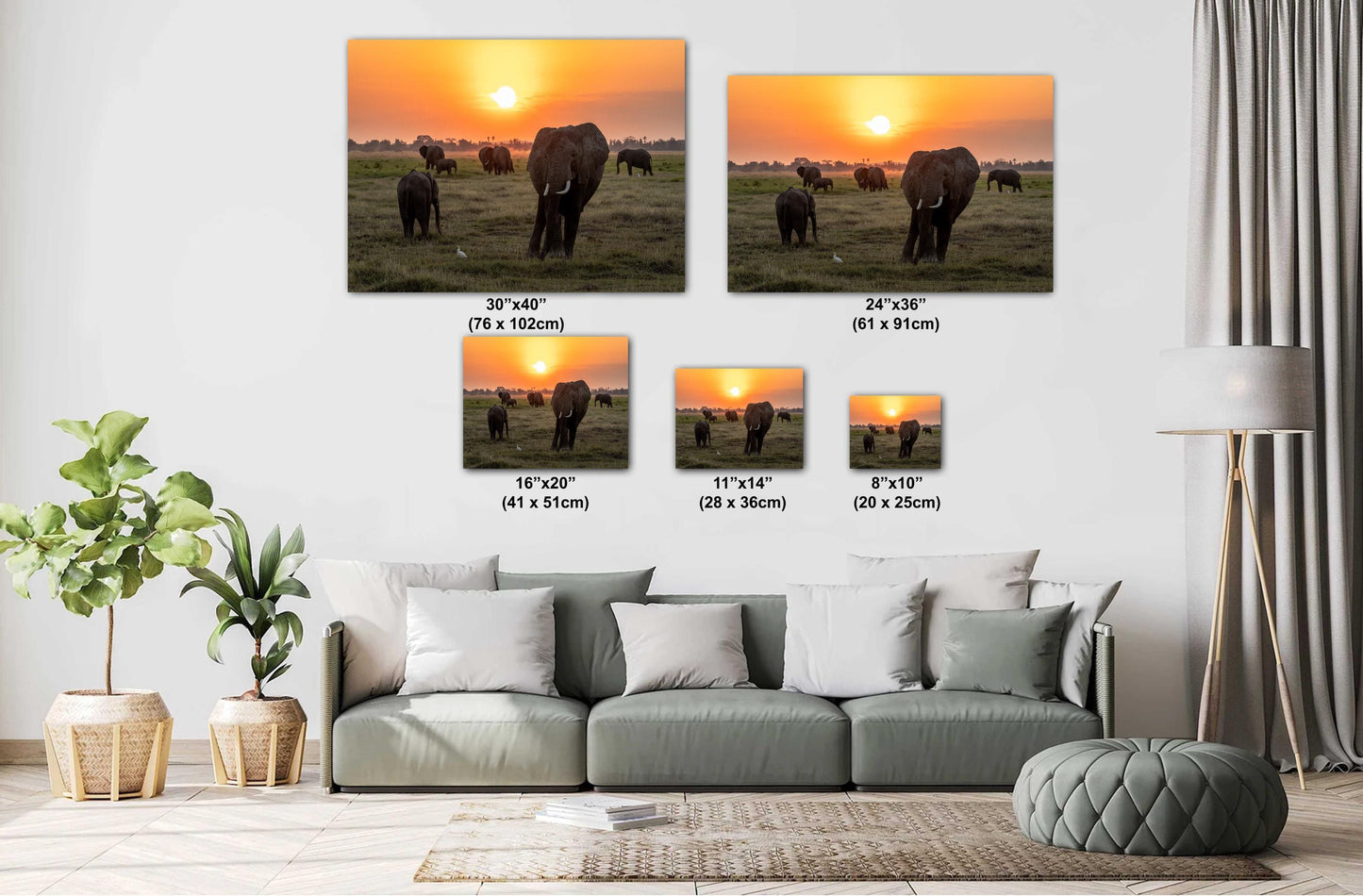 African Sunset Elephant Print – Kenya Safari Wall Art Canvas with Wildlife Silhouette