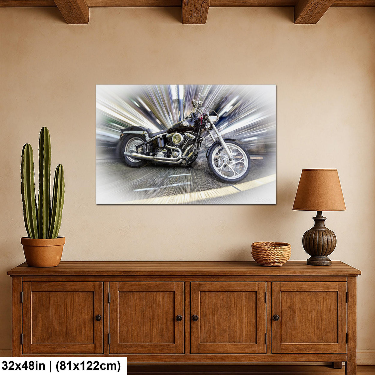 a large, colorful painting of a motorcycle hanging on a wall above a wooden cabinet.