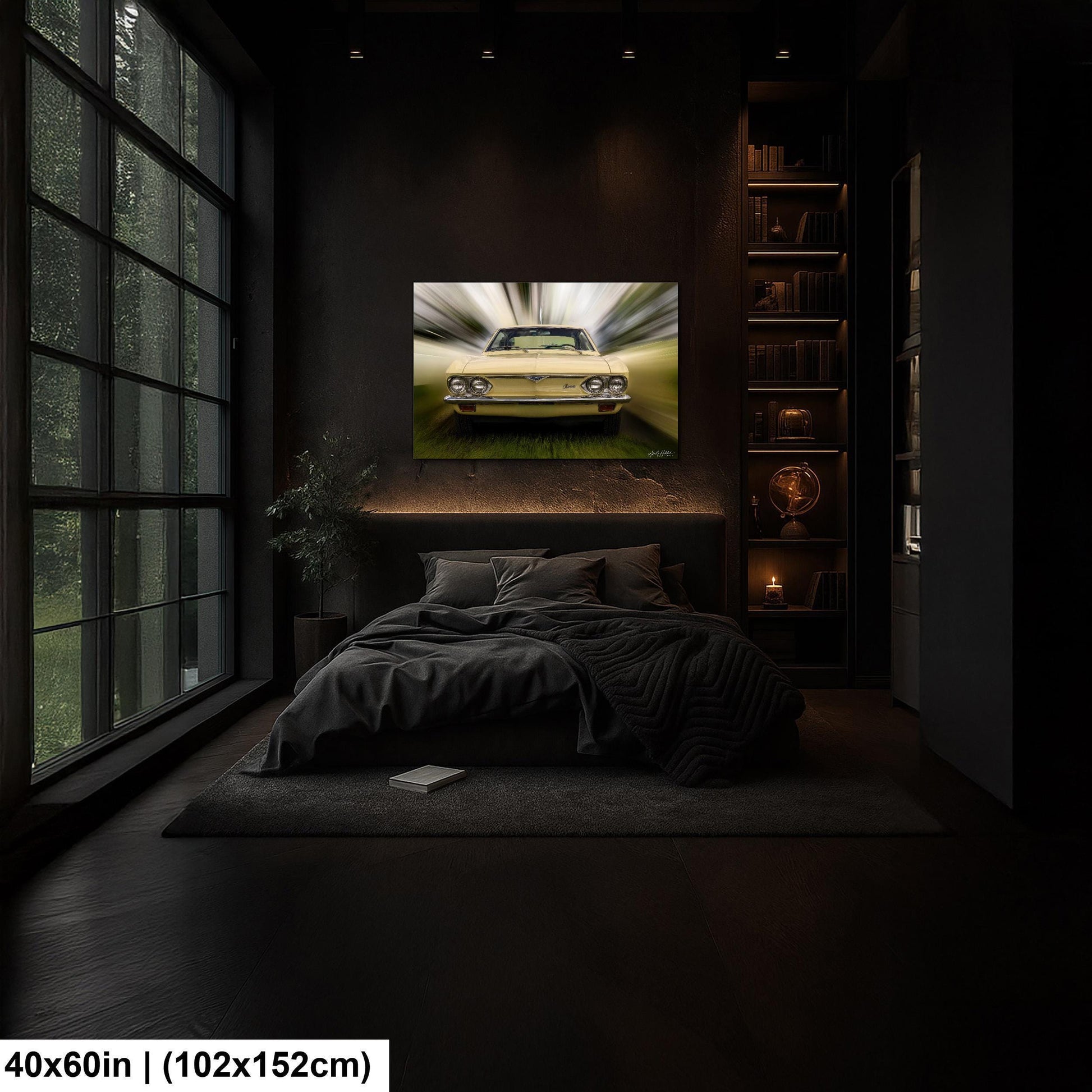 a bedroom with a large window overlooking a lush green landscape. The room has a dark color scheme, with a large bed and a framed picture of a car on the wall.