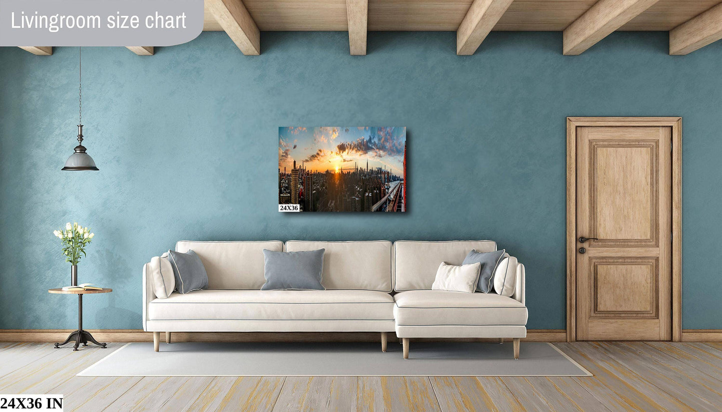 NYC Skyline Metal Print - Panoramic Cityscape Canvas | Vibrant Sunset Skyline Art