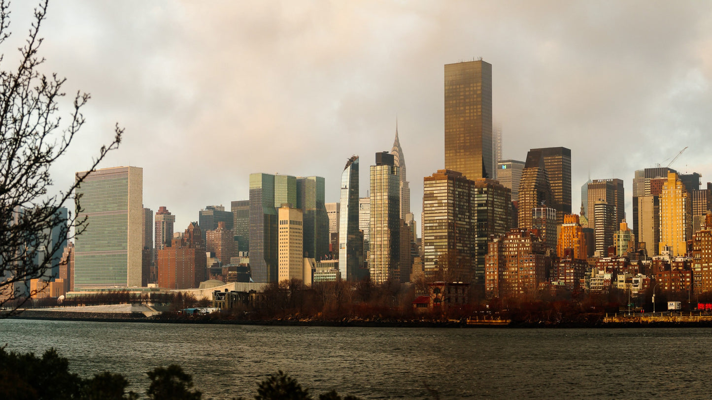 NYC skyline  east side metal print canvas print color photography daylight boat river  poster