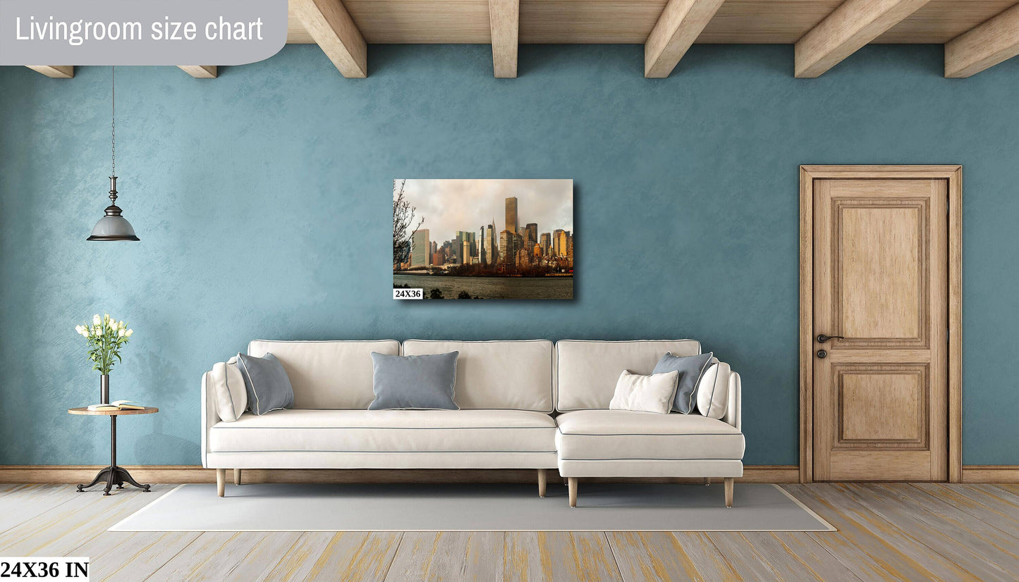 NYC skyline  east side metal print canvas print color photography daylight boat river  poster