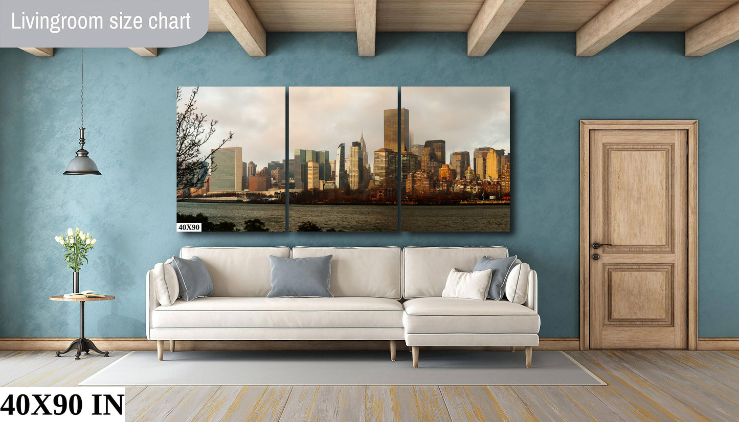 NYC skyline  east side metal print canvas print color photography daylight boat river  poster