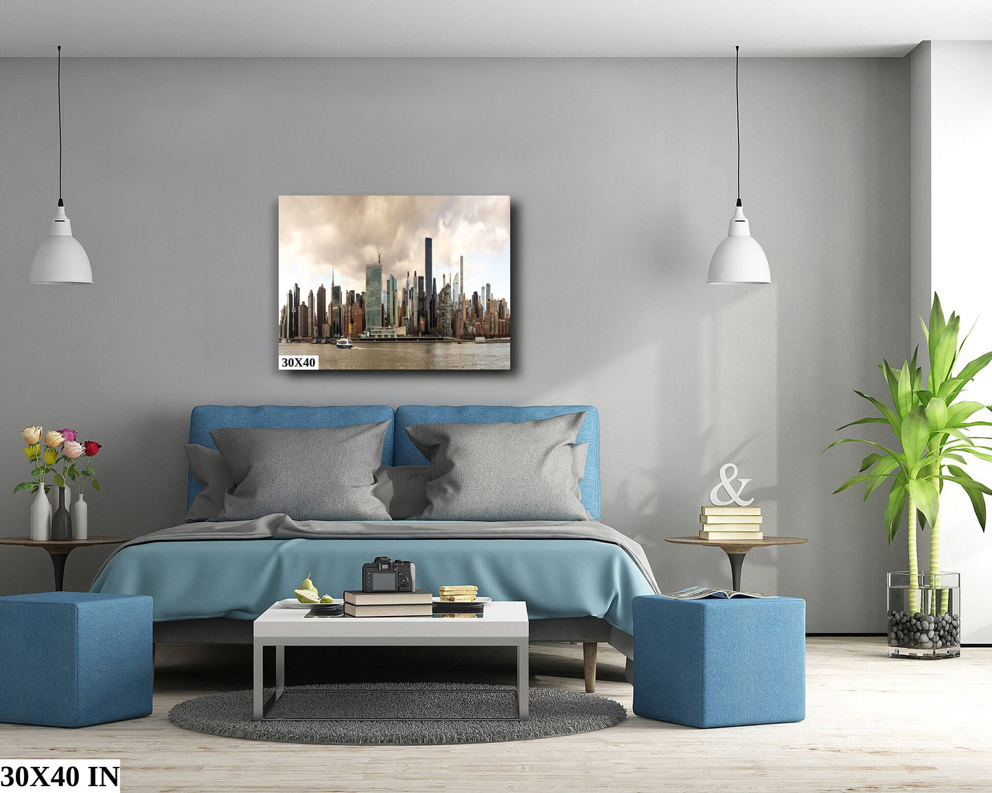 NYC skyline  east side metal print canvas print color photography daylight boat river  poster