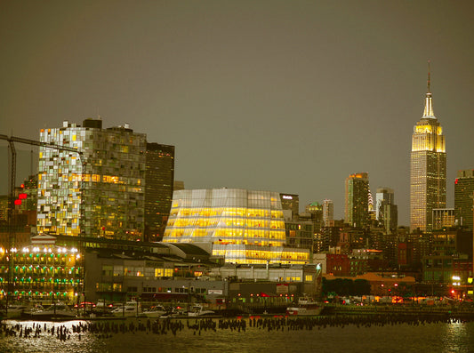 NYC skyline mid town Manhattan  empire state the battery metal print canvas print color photography daylight sunset  river  poster