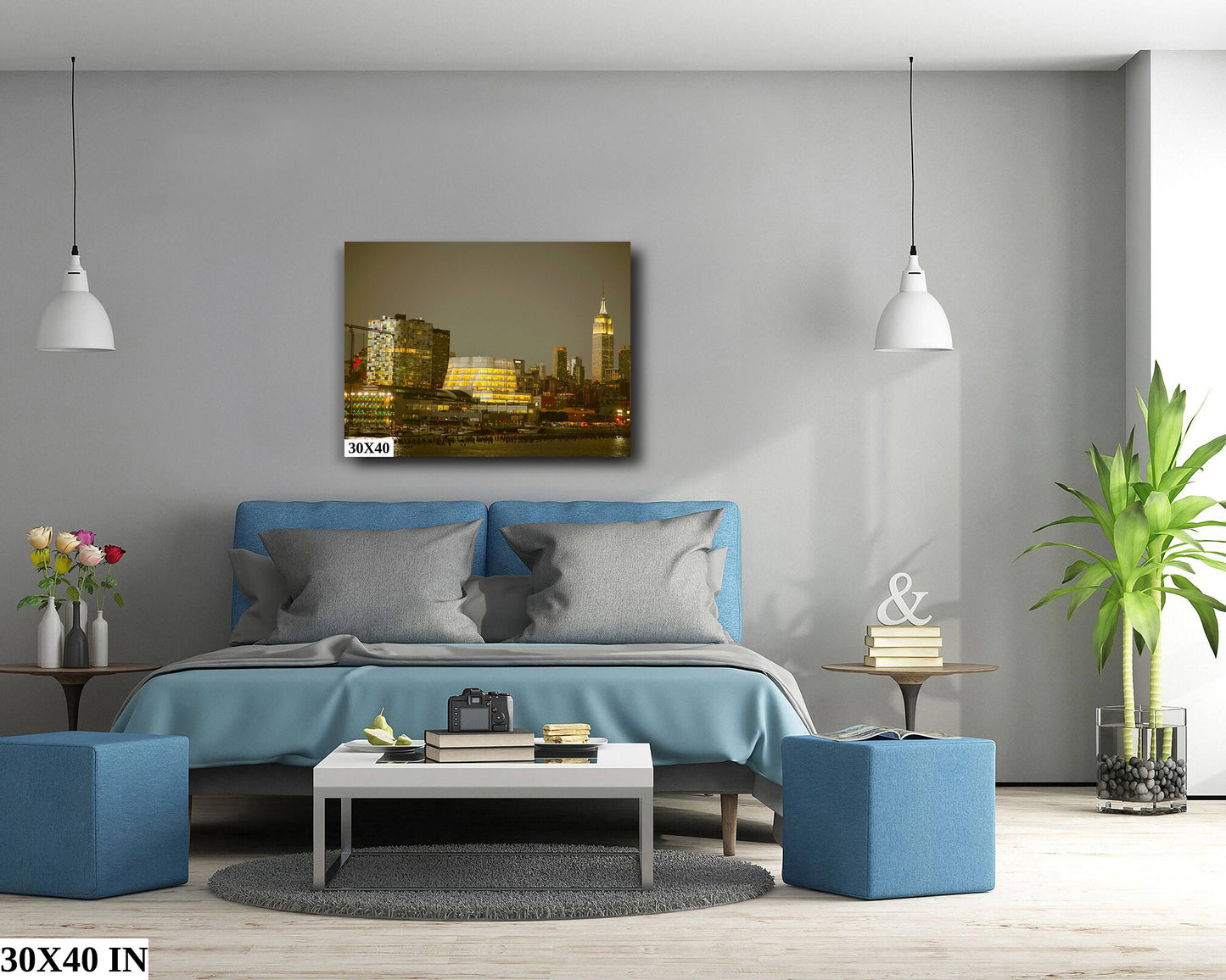 NYC skyline mid town Manhattan  empire state the battery metal print canvas print color photography daylight sunset  river  poster