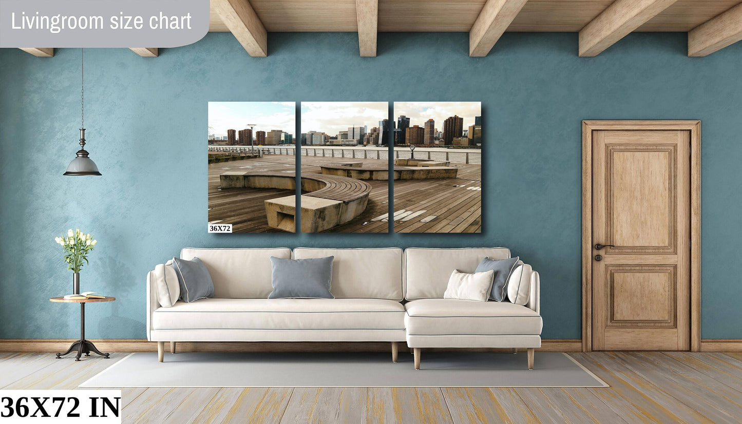 NYC skyline  east side metal print canvas print color photography daylight boat river  poster