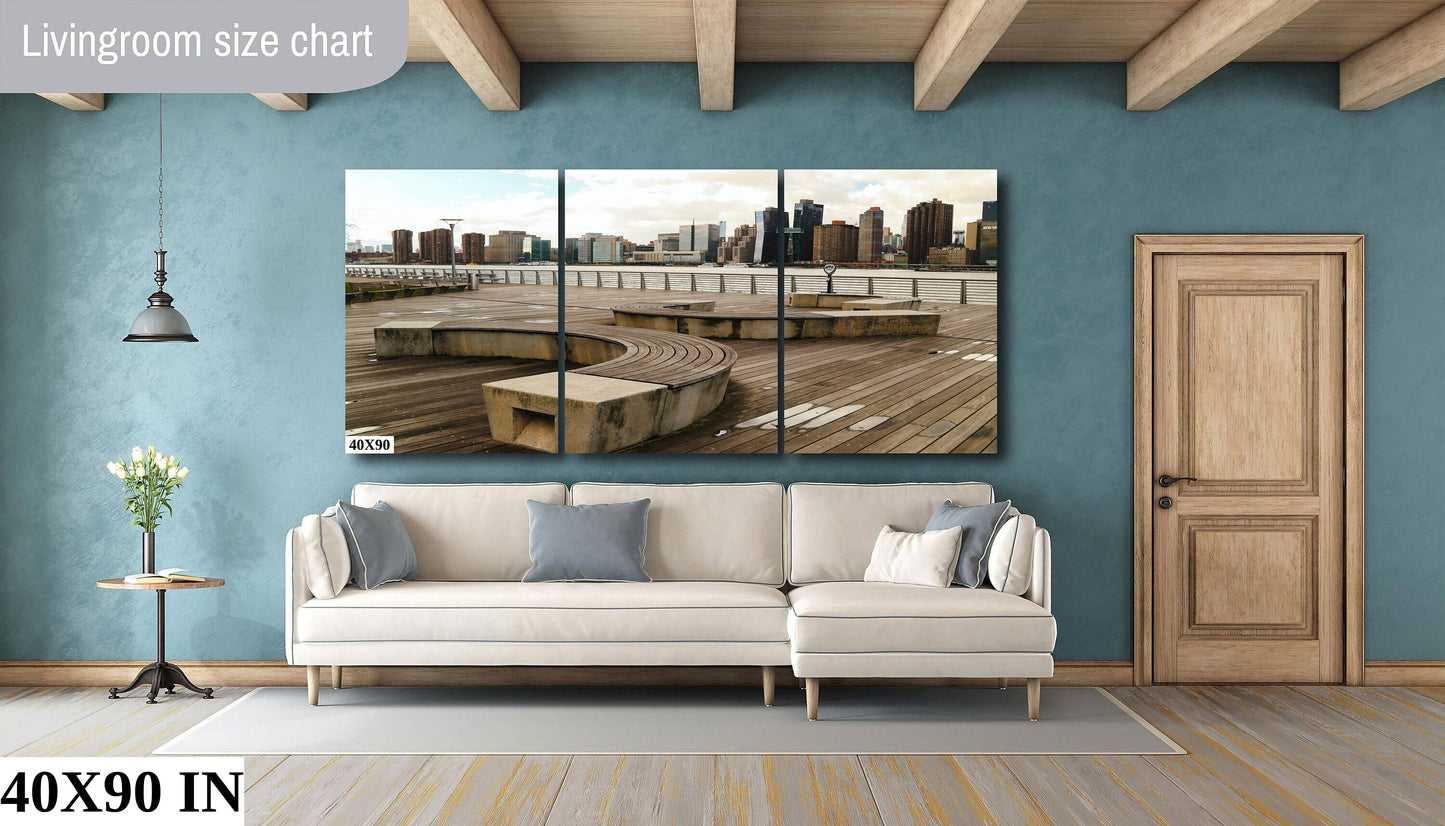 NYC skyline  east side metal print canvas print color photography daylight boat river  poster