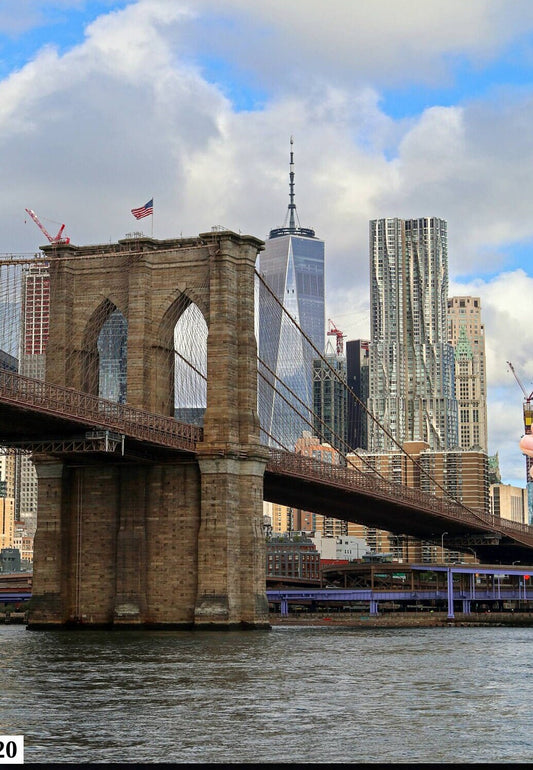 Downtown Manhattan skyline Brooklyn BridgeIconic shot vertical enhanced color cloudy metal print canvas print acrylic print