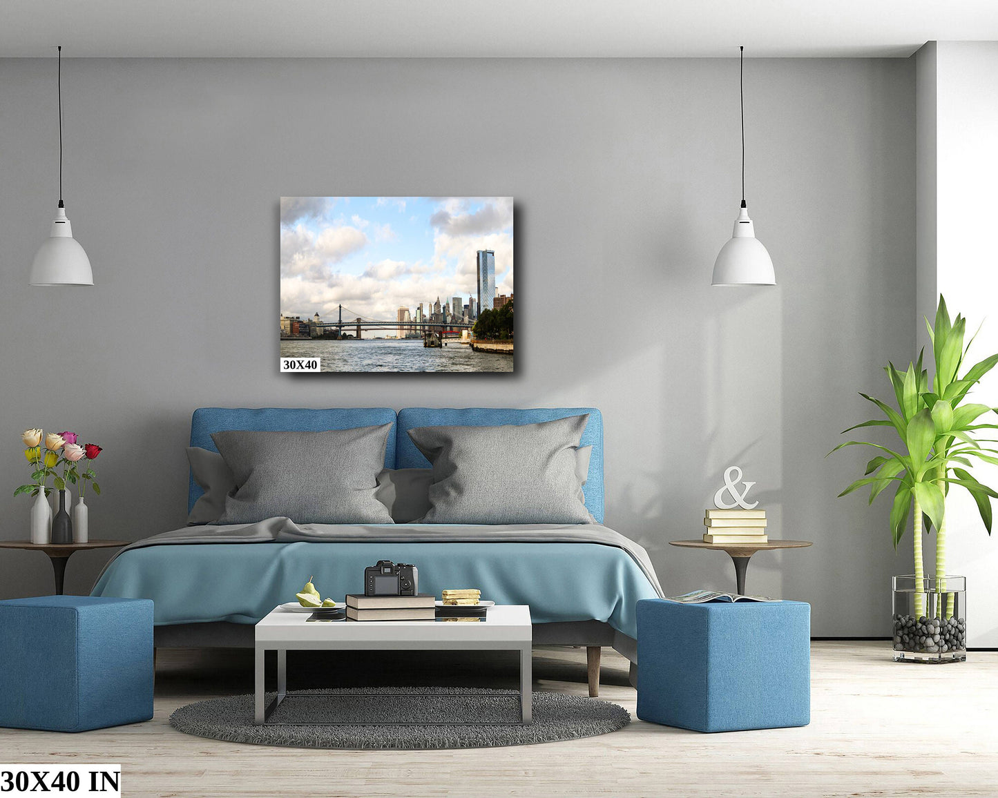 Downtown Manhattan skyline Brooklyn BridgeIconic shot vertical enhanced color cloudy metal print canvas print acrylic print