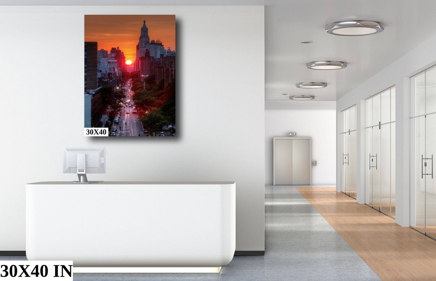 Manhattan Henge Downtown Manhattan skyline vertical enhanced color cloudy metal print canvas print acrylic print sunset