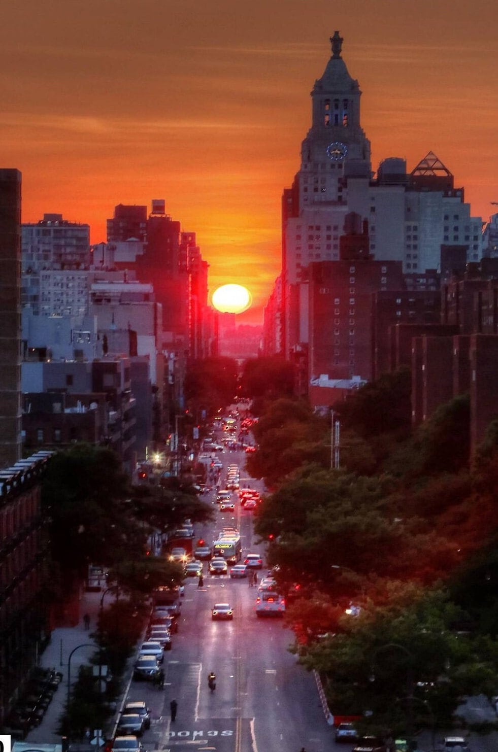 Manhattan Henge Downtown Manhattan skyline vertical enhanced color cloudy metal print canvas print acrylic print sunset