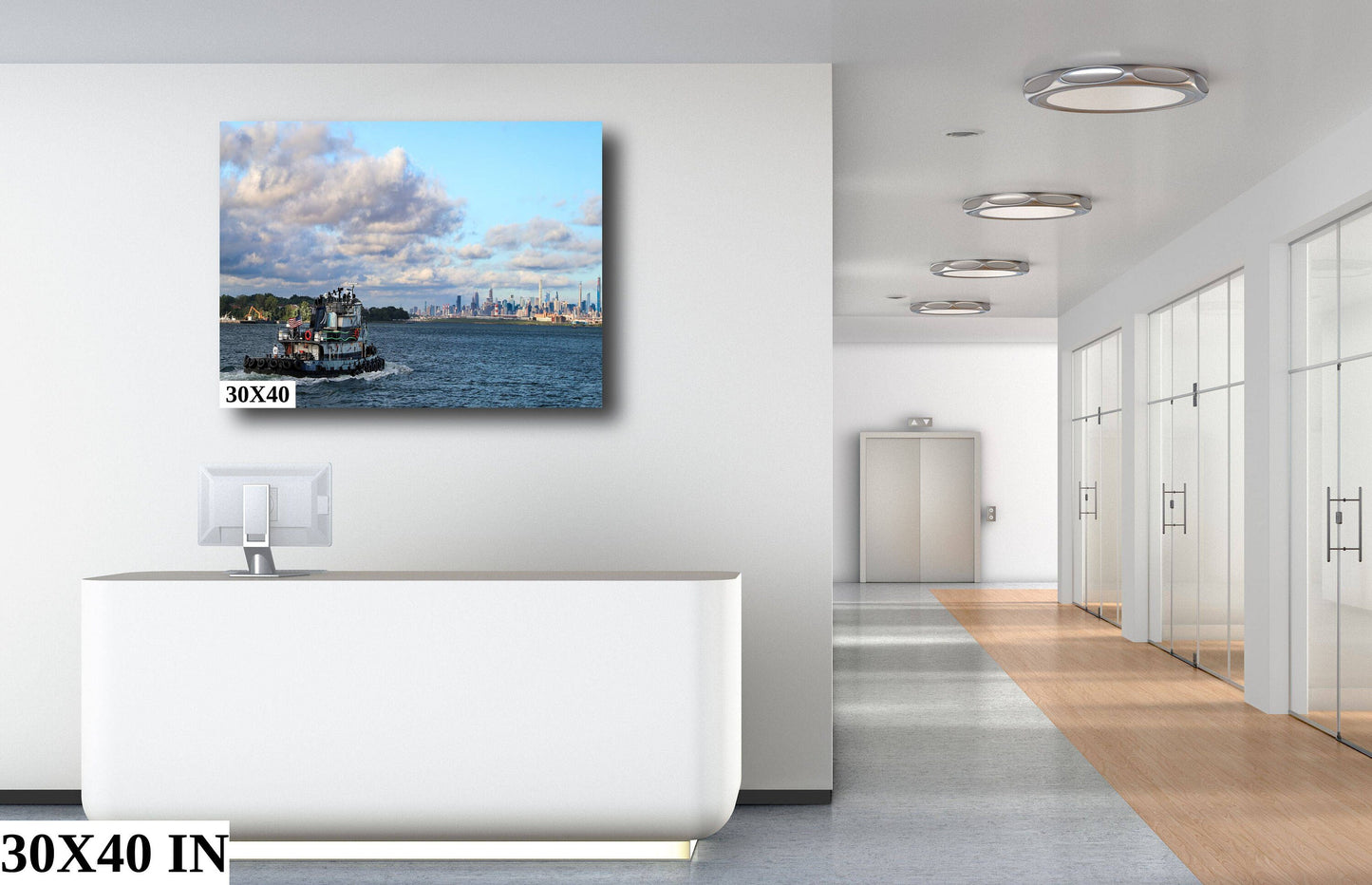 Manhattan skyline from Long Island Sound close to Hellgate canvas print metal print daylight tugboat