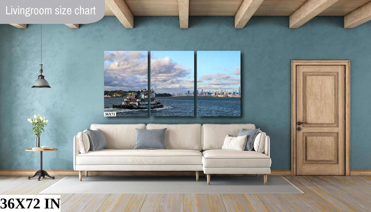 Manhattan skyline from Long Island Sound close to Hellgate canvas print metal print daylight tugboat