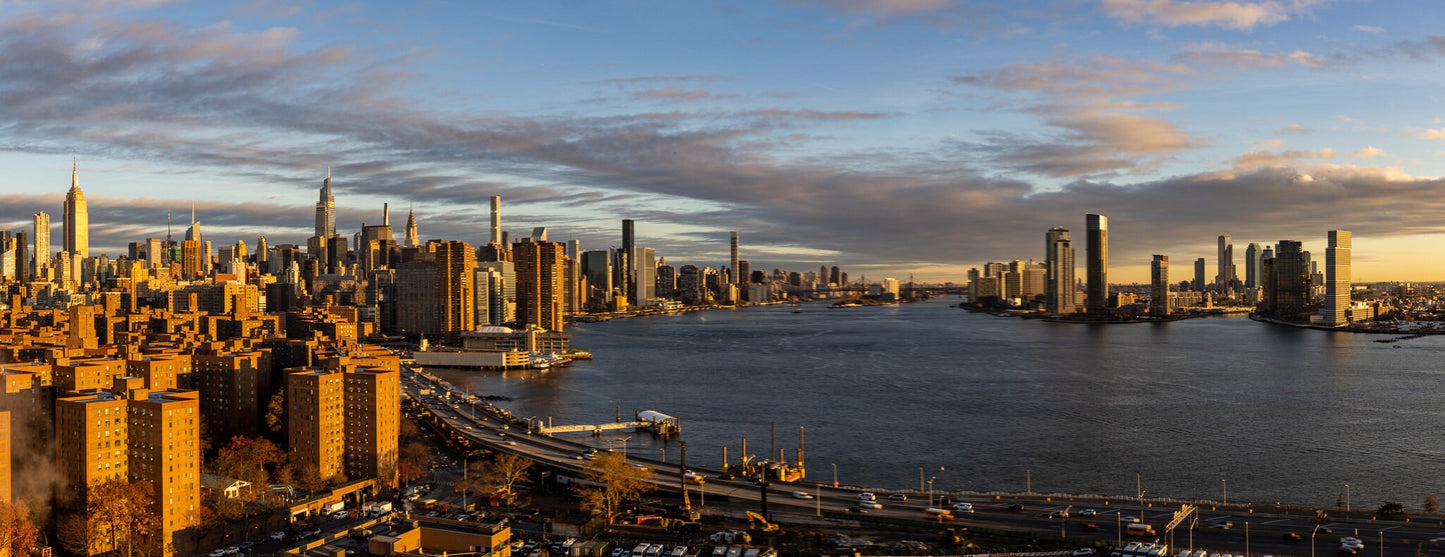 Manhattan by the dawn's early light NYC skyline from lower east side metal print canvas print color photography night  poster