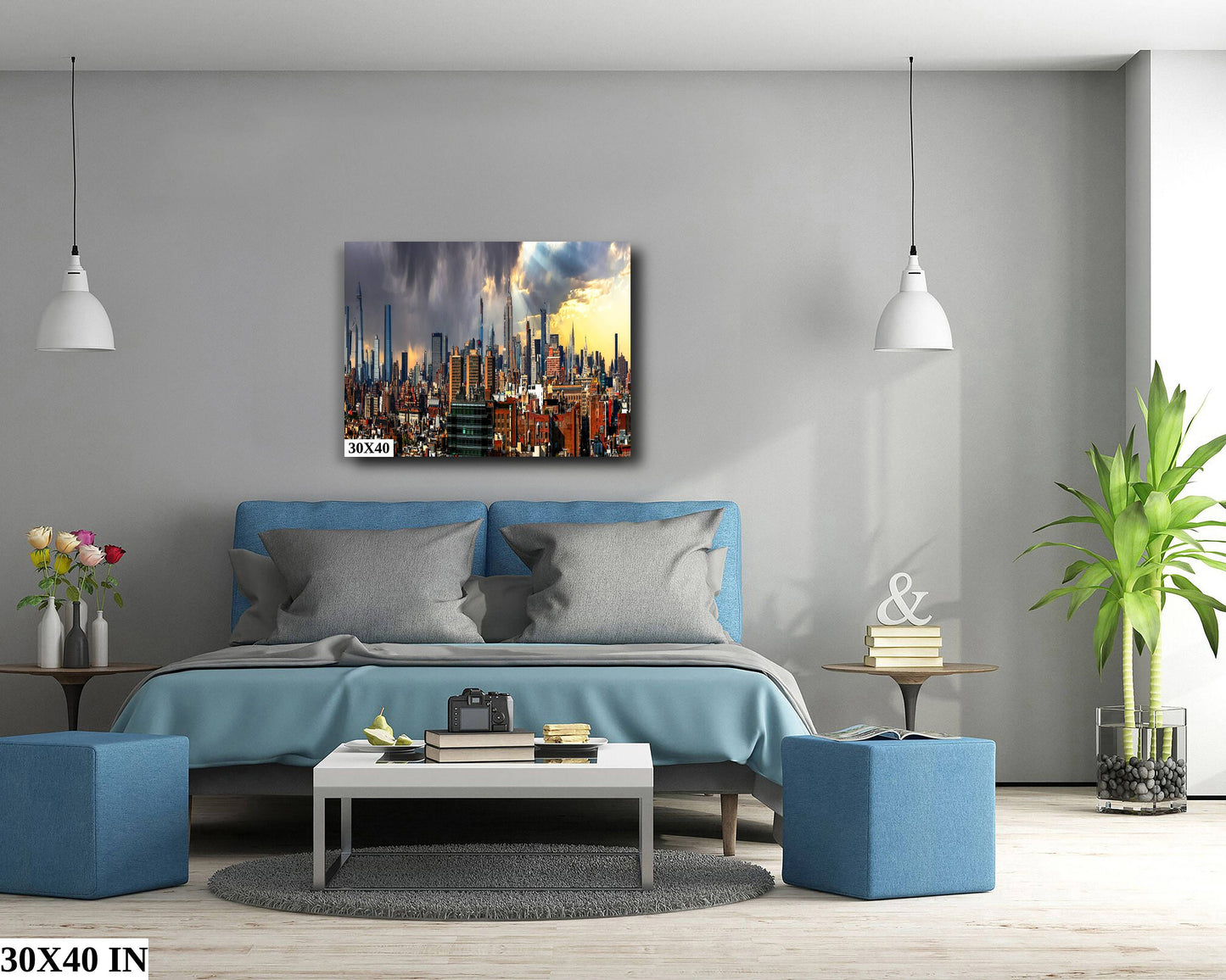 NYC skyline  mid town from Tribeca  metal print canvas print color photography daylight storm  poster