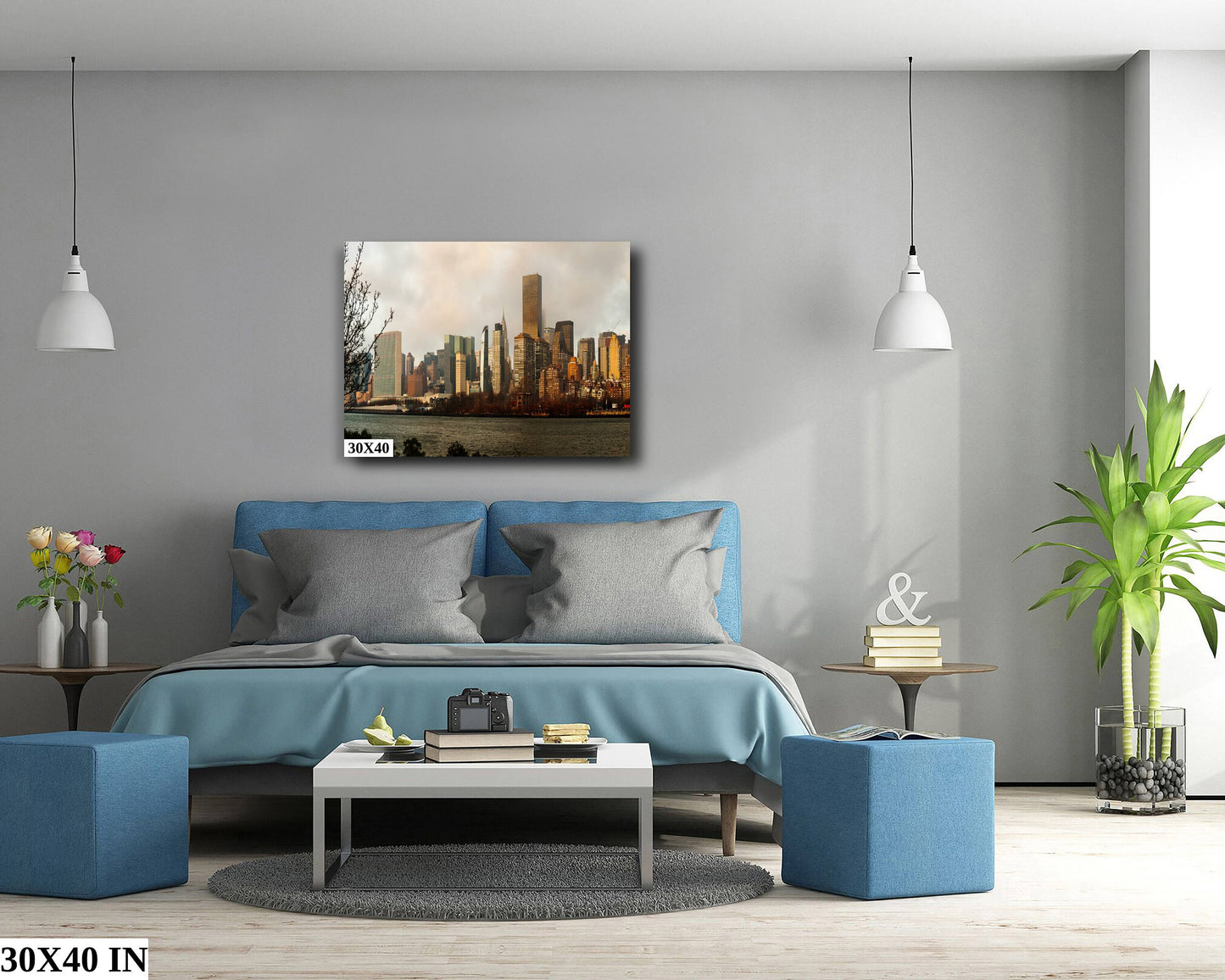 NYC skyline  east side metal print canvas print color photography daylight boat river  poster