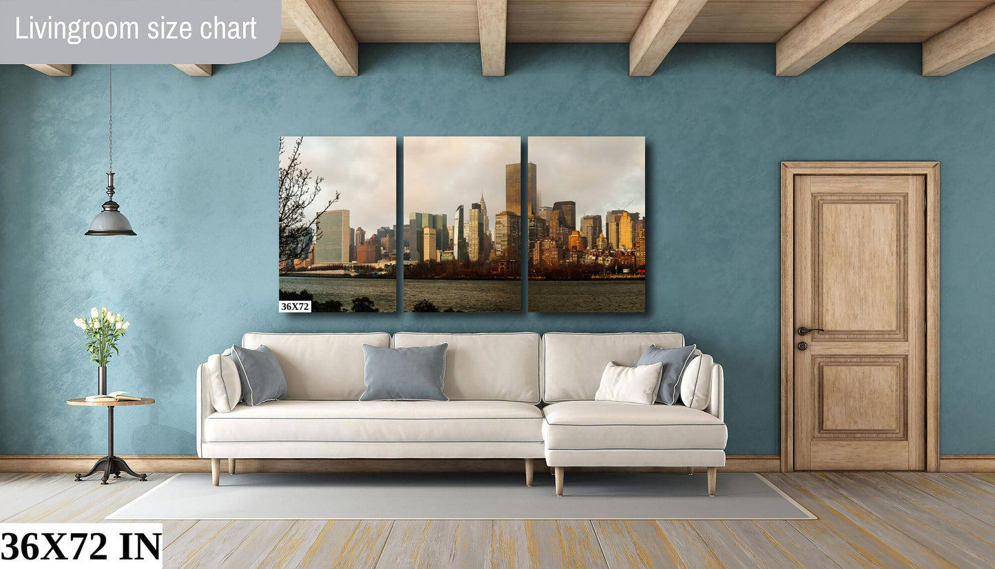 NYC skyline  east side metal print canvas print color photography daylight boat river  poster