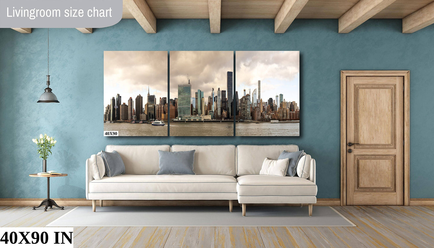 NYC skyline  east side metal print canvas print color photography daylight boat river  poster