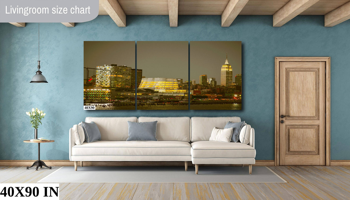 NYC skyline mid town Manhattan  empire state the battery metal print canvas print color photography daylight sunset  river  poster